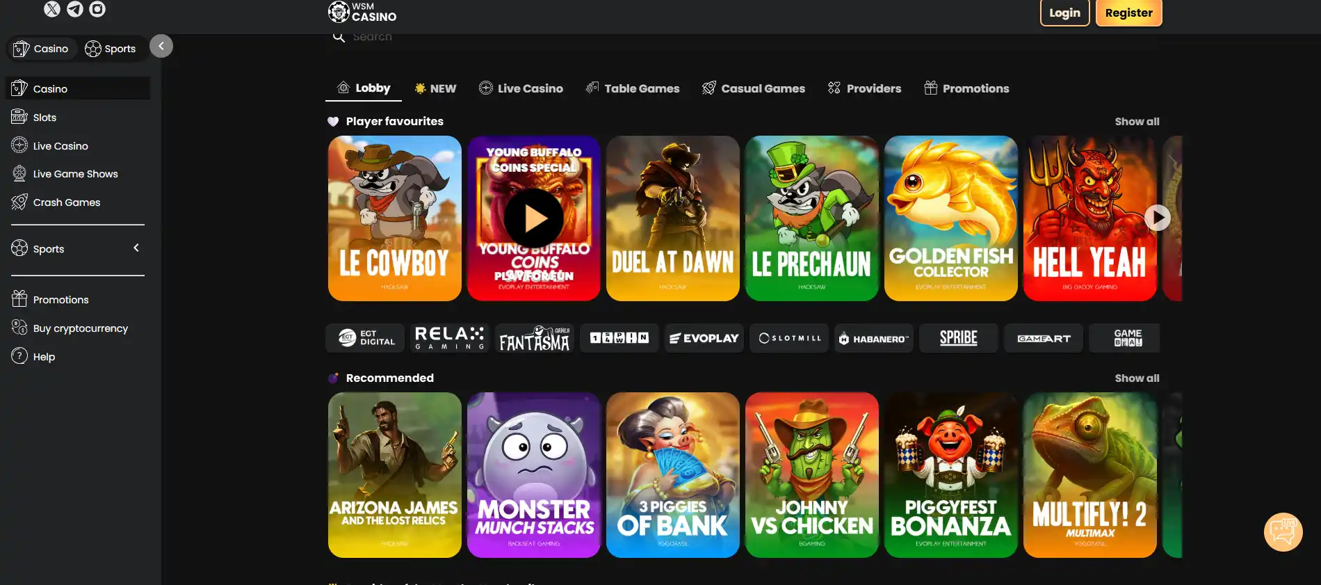 Current WSM Casino games lobby showing game categories