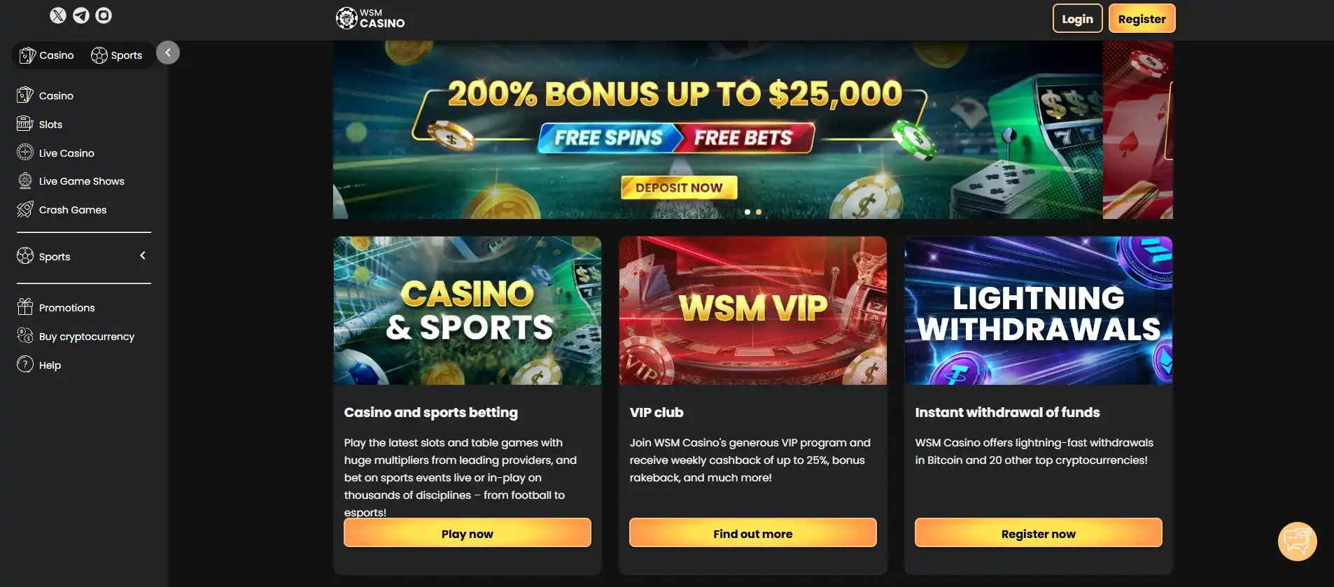 Current WSM Casino homepage and brand interface