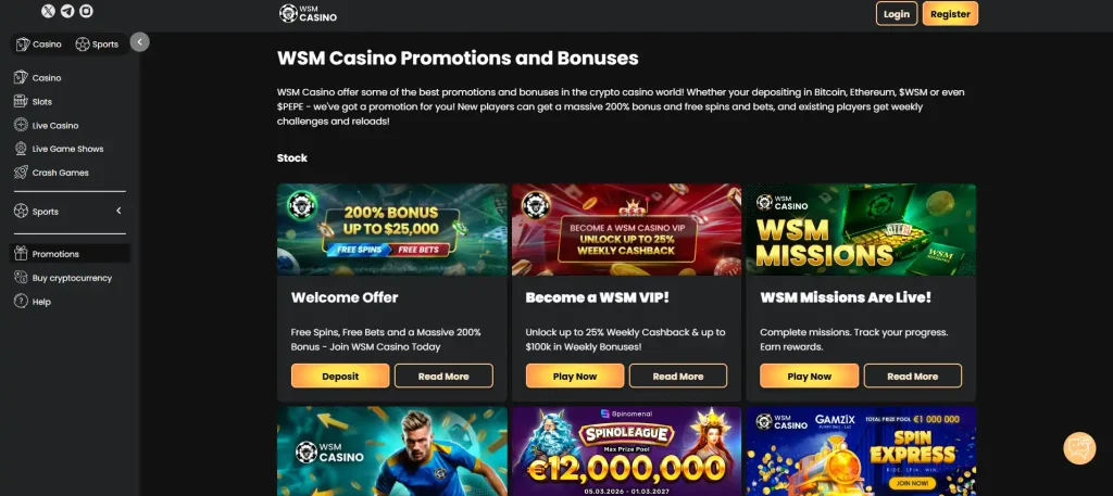 Current WSM Casino promotions or welcome-bonus panel