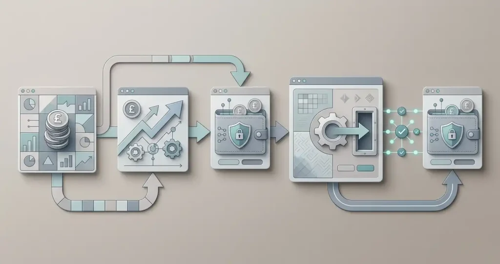 Illustration of a GBP-to-crypto onramp, wallet transfer and WSM casino payment flow