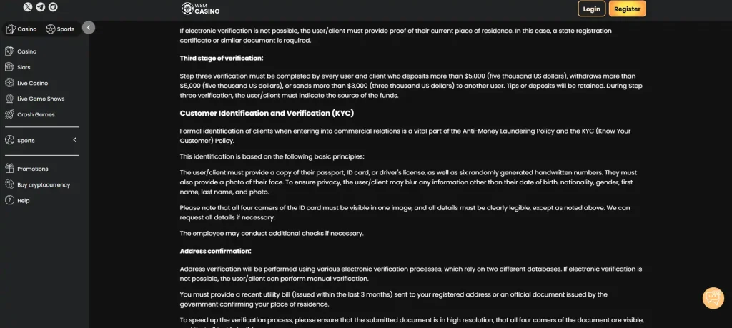 WSM Casino account verification or KYC document-upload screen