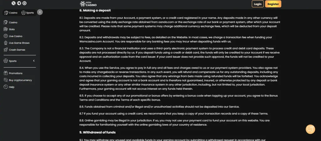 WSM Casino cashier showing current cryptocurrency payment options