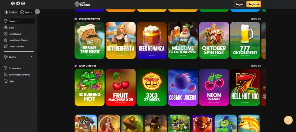 WSM Casino game lobby with visible game categories
