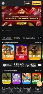 WSM Casino homepage or games lobby displayed in a mobile browser