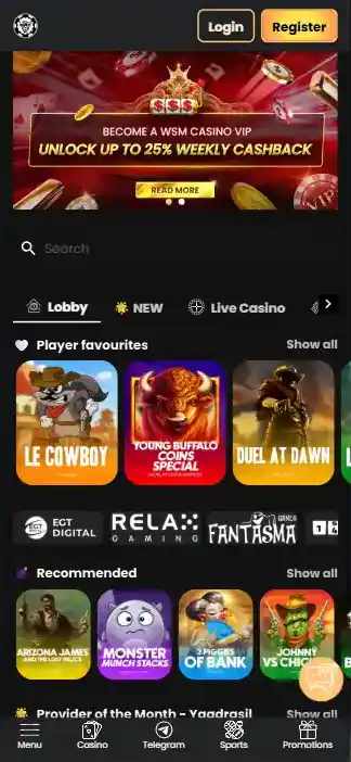 WSM Casino homepage or games lobby displayed in a mobile browser