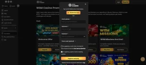 WSM Casino registration form showing the current signup fields and country flow